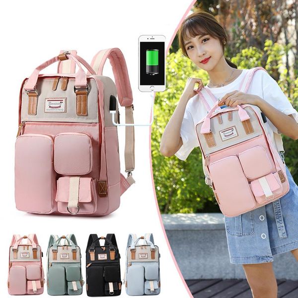 Mochila de estilo coreano para niñas Oxford, moda escolar, gran capacidad, para mujeres, deportes de viaje, con Usb, impermeable, con cremallera, bolsa para ordenador portátil