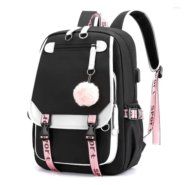 Sac à dos grande capacité pour les adolescentes filles USB Port Canvas Schoolbag Student Book Bag Fashion Black Teen School