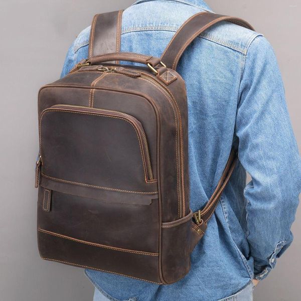 Sac à dos en cuir Vintage sacs à dos pour hommes sac de voyage homme Crazy Horse sac à dos pour hommes A4 école 14 pouces