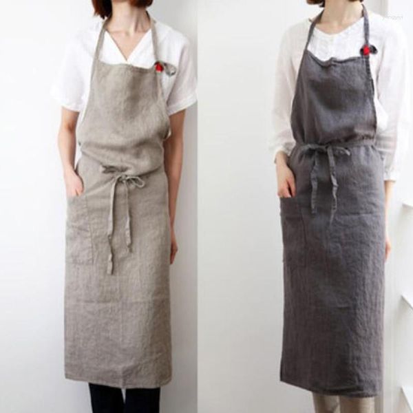 Delantal de cocina de lino con mochila para mujer, sencillo, sólido, sin mangas, floristería, trabajo con bolsillos