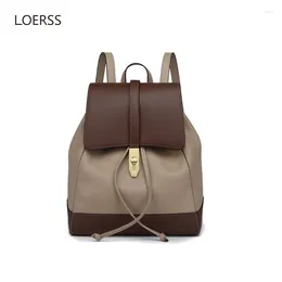 Mochila Loerss Cuero genuino Bolsos de gran capacidad de gran capacidad para mujeres conmutadas Bolsos de cremallera de color contrastante