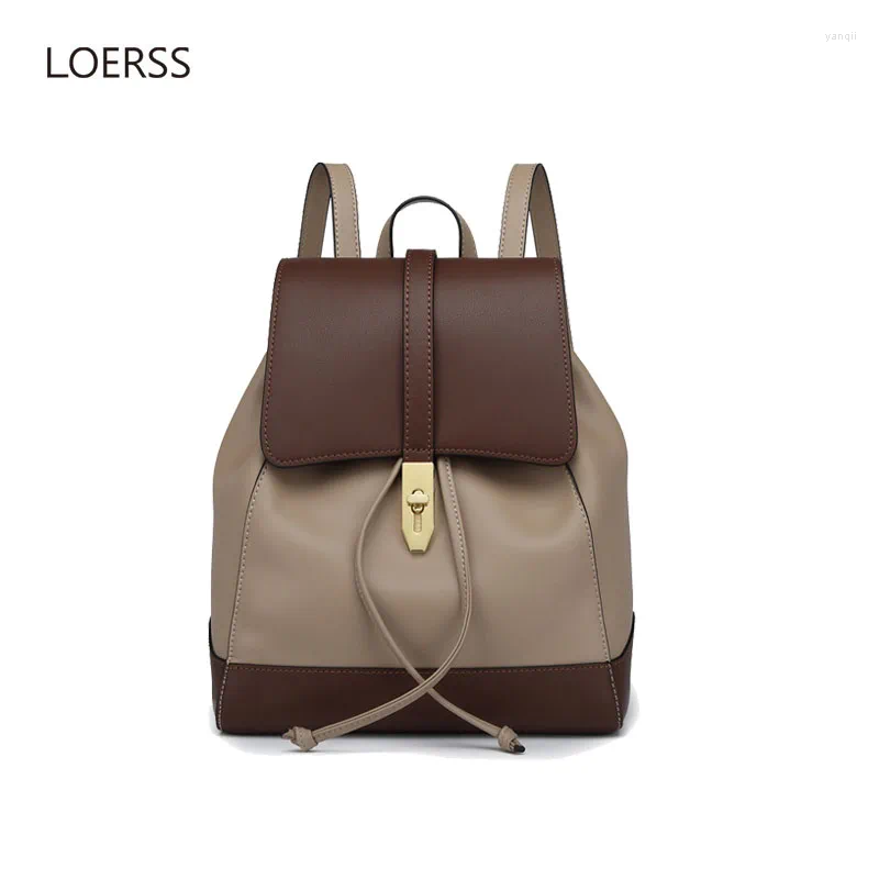 Backpack LOERSS Genuine Leather Casual Large Capacity Handbags For Women Student Commute Shooping Contrasting Color Zipper Bags