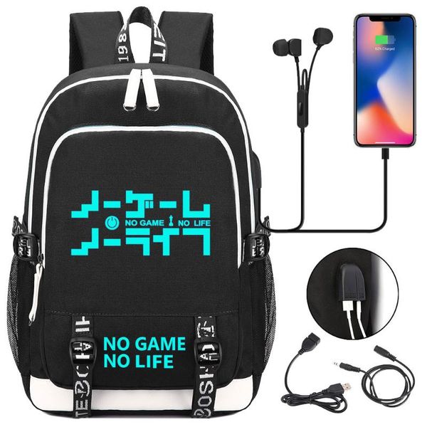 Mochila Luminosa No Game Life USB Auriculares Jack Boy Girl Kids School Book Bag Mujer Mochila Lona Hombres Bookbag