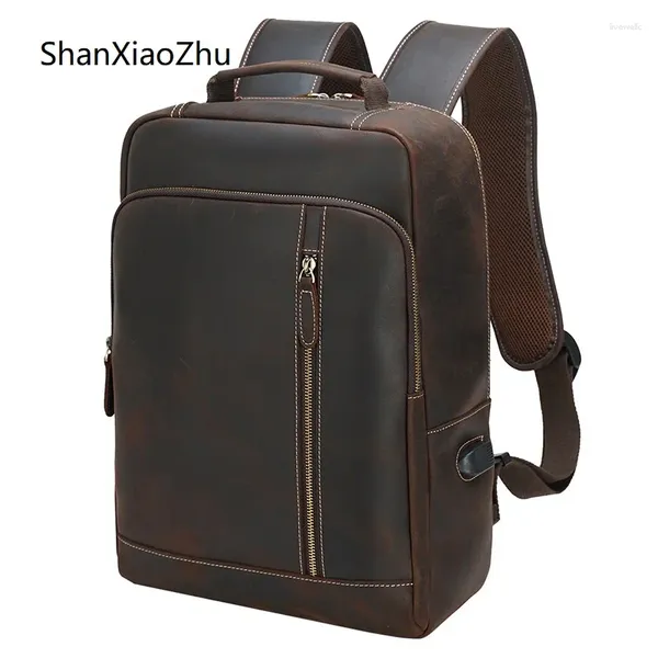 Sac à dos luxe de luxe Crazy Horse Leather Real Cowskin ordinateur portable Bagpack Computer Backpacks for Men Male Daypack Business School Sac