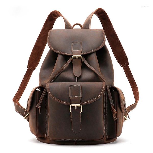 Mochila masculina retro primera capa de cuero de vaca escuela para portátil de 13 pulgadas Fahion Sport Bucket Bag Bolsas de viaje de gran capacidad