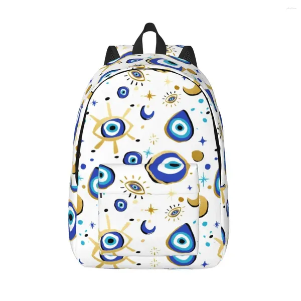 Mochila Mediterránea azul y oro Evil oye Canvas Women Men Casual Bookbag para College School Hamsa Nazar Amulet Boho Bolsas