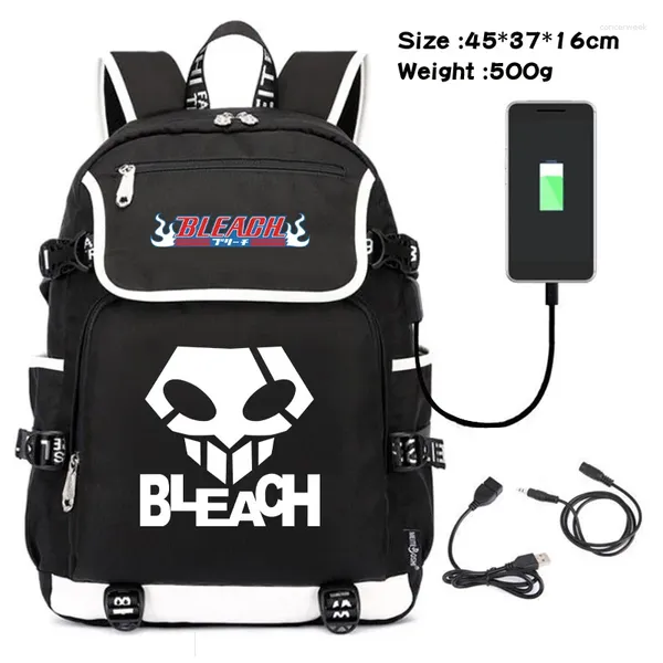 Mochila hombres mochilas de la escuela de estudiantes bolsas de cosplay blanqueador kurosaki ichigo usb mochila bolsas portátiles de viaje hombro