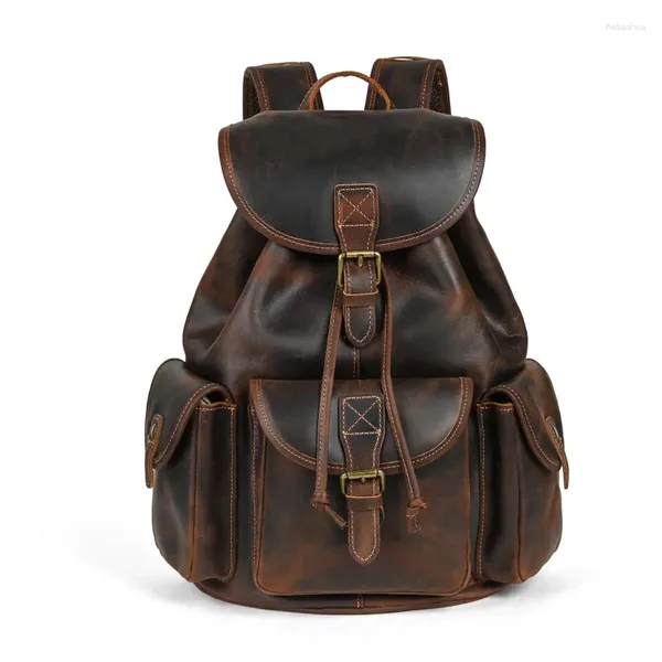 Sac à dos hommes fous en cuir de cheval de 15,6 pouces ordinateur portable homme à paquet extérieur rétro réel authentique garçons filles sac à dos