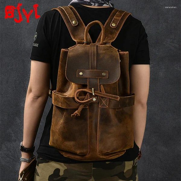 Mochila de cuero para hombre, mochilas de viaje para hombre, bolsos de cubo de gran capacidad, modelo personalizado, Retro Crazy Horse