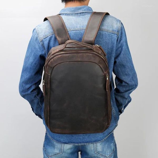 Sac à dos Crazy Horse pour hommes, en cuir véritable de vache, rétro, grand sac d'école classique pour garçon, grand sac pour ordinateur portable professionnel