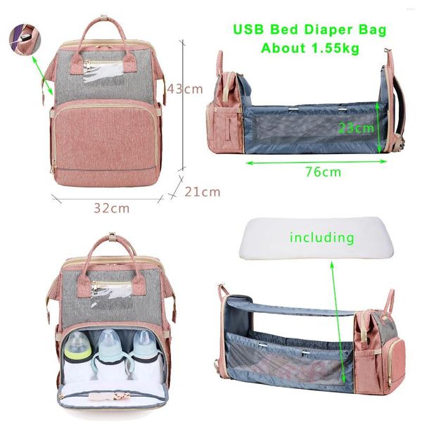 Sac à dos pliable pour lit de maman, protection solaire, berceau de bébé, grande capacité, isolation, poussette d'allaitement, USB