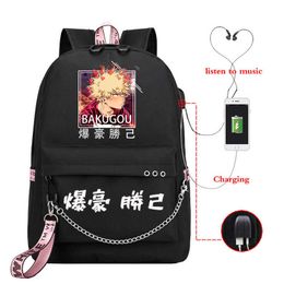 Mochila My Hero Academia Katsuki Bakugo Mochila Teen Girls Boy School Bag Puerto de carga USB Laptop Bag Anime Nylon Mochila Escolar J230517