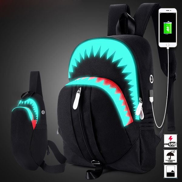 Sac à dos nuit lumineux sac à dos hommes mode USB charge requin ordinateur portable Bookbag poitrine sac adolescents sac d'école Mochila noir sac de voyage 230411