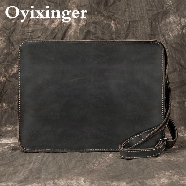 Sac à dos Oyixinger en cuir véritable mallette pour ordinateur portable rétro sac à bandoulière mâle de qualité supérieure Crazy Horse pochette d'ordinateur pour 13 