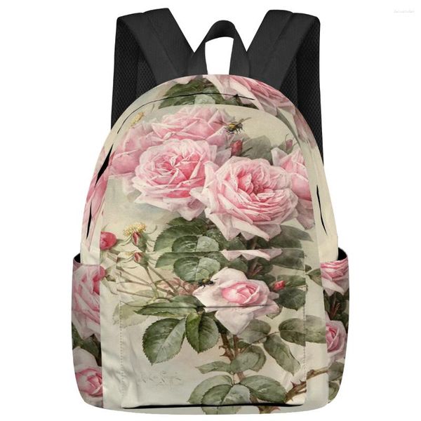 Sac à dos rose fleur rose vintage féminina sac à dos adolescents sacs d'étudiants sacs ordinateur portable homme personnalisé féminin voyage mochila