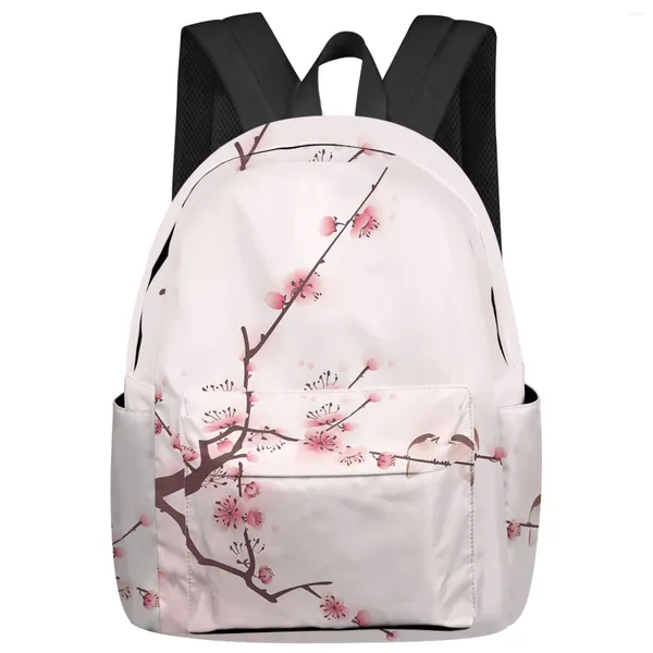Sac à dos rose fleur arbre oiseau moineau encre Style sacs d'école pour adolescent filles Bookbag hommes sac à dos sac à bandoulière ordinateur portable Mochila
