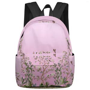 Mochila rosa flor gradual planta pájaro estudiante bolsas escolares portátil personalizado para hombres mujeres mujer viaje mochila