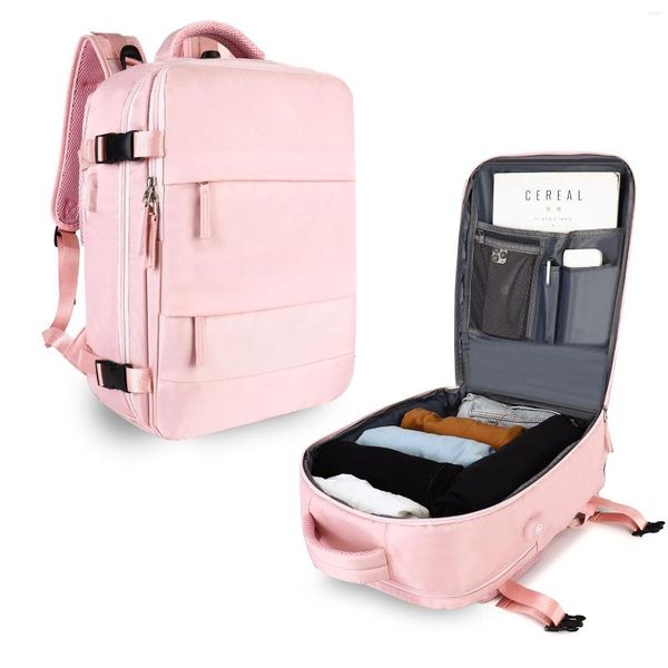 Mochila rosa de viaje para mujer, avión, gran capacidad, equipaje multifunción, ligero, impermeable, bolsa de carga USB, mochila deportiva