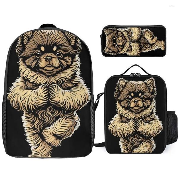 Mochila Pomerania Yoga Perro Cachorro Árbol Divertido Durable Acogedor Estuche 3 En 1 Juego 17 Pulgadas Bolsa De Almuerzo Bolígrafo Viaje Vintage