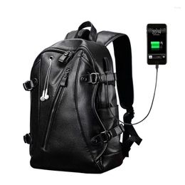 Mochila PU cuero hombres USB carga impermeable casual mochilas portátil moda viaje bolsa escuela librero
