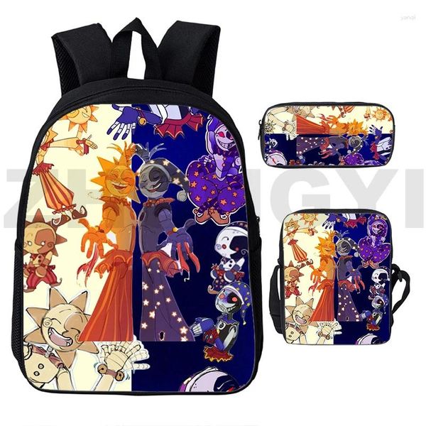 Mochila Calidad Nylon Fnaf Sundrop Moondrop 3D Niños Niñas Dibujos animados Deporte al aire libre Mochila 3 en 1 Kawaii Bolsa de viaje Estuche de lápiz