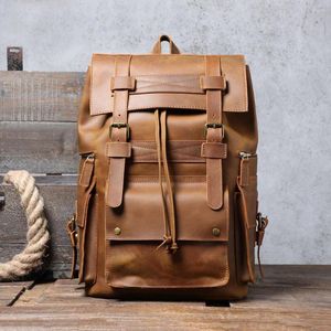 Sac à dos rétro en cuir véritable pour hommes grande capacité pochette d'ordinateur école mâle sacs à bandoulière marron voyage sacs à dos