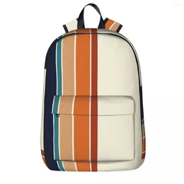 Sac à dos rétro rayures verticales Orange rouille bleu, sac à dos pour ordinateur portable, sac à dos de voyage décontracté pour enfants, cartable