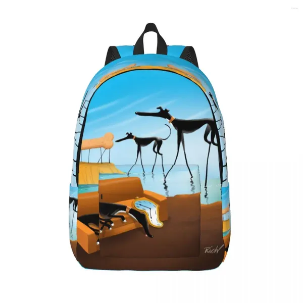 Mochila Salvador Dali Funny Greyhound Lurcher Canvas Mochilas para niñas Bolsas de viajes de la escuela de la escuela de arte de arte del alumno de perros