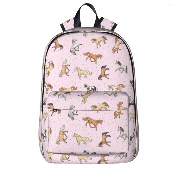 Sac à dos avec chevaux dispersés sur des fleurs de cerisier, motif rose, sac à dos pour livre d'étudiant, sac à bandoulière pour ordinateur portable, voyage