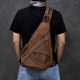 Sac à dos simple épaule sac à dos en cuir véritable poitrine packs d'équitation en plein air pour motard hommes mâle fronde S vache