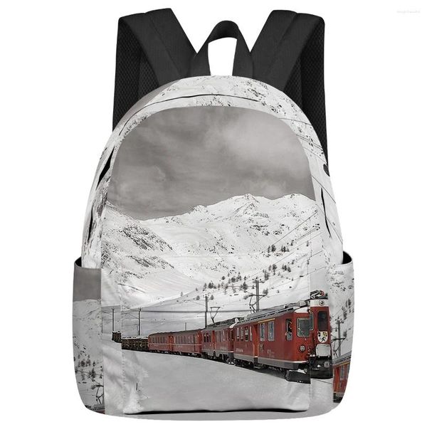 Mochila Snow Mountain Red Train Mujeres Hombre Mochilas Escuela de viaje impermeable para estudiantes Niños Niñas Paquete de libros para computadora portátil Mochilas