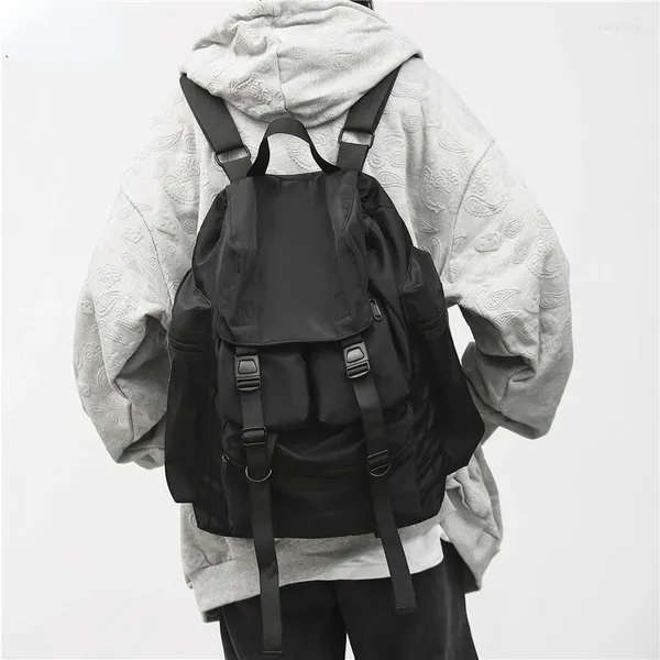 Sac à dos solide noir pour hommes, Style Streetwear Cool, sacs d'école de grande capacité, en Nylon imperméable pour hommes