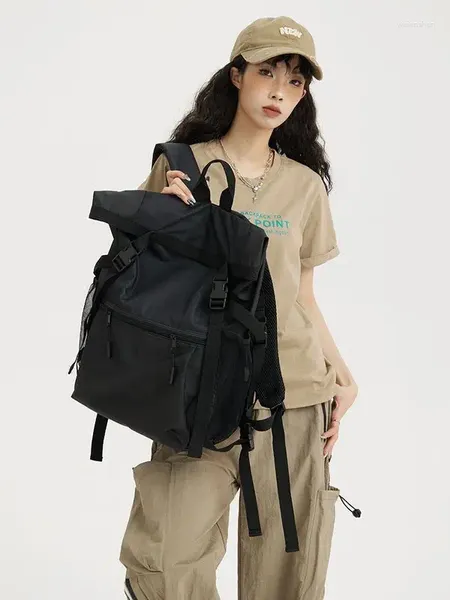 Sac à dos solide noir femme sacs à dos Cool Style Streetwear homme sacs en Nylon pour femme Harajuku grande capacité école