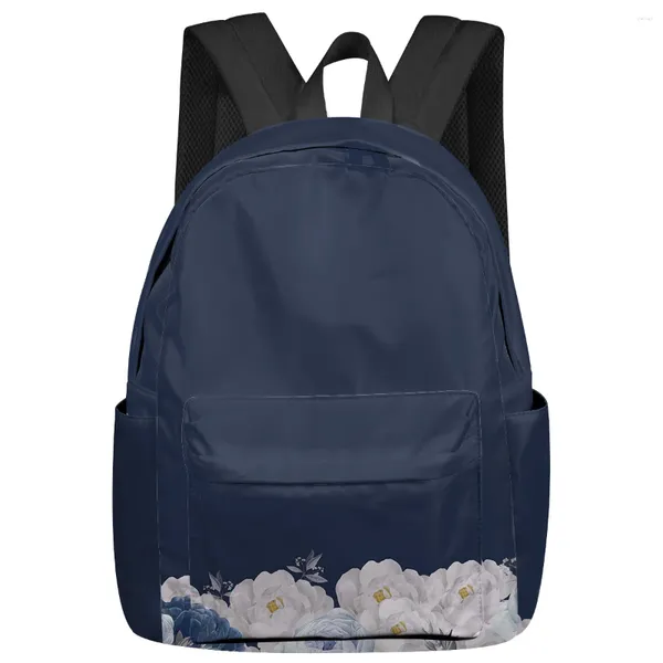 Mochila Primavera Blanco Flor Fondo Azul Mujeres Hombre Mochilas Escuela Impermeable Para Estudiantes Niños Niñas Bolsas Para Portátiles Mochilas