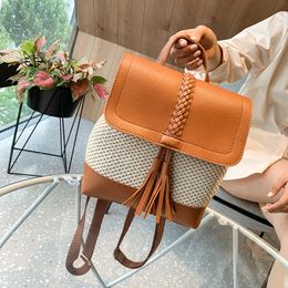 Rugzak Stijl Mode Tassel Stro Rugzakken Voor Vrouwen Boheemse Rotan Rieten Rugzakken Zomer Strandtas Pu Leer Patchwork Reistas