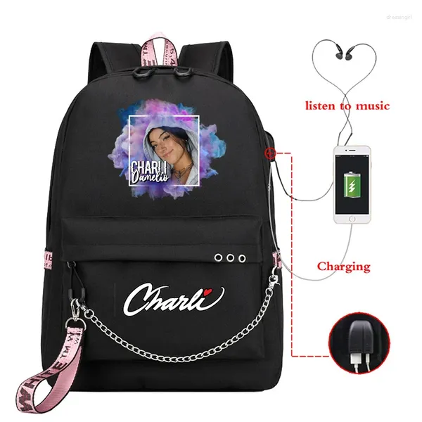 Sac à dos USB charge des sacs scolaires pour filles Charli D'Amelio Femmes ordinateur portable Bagpack Bag de voyage Rucksack Sac Scolaire College Plecak