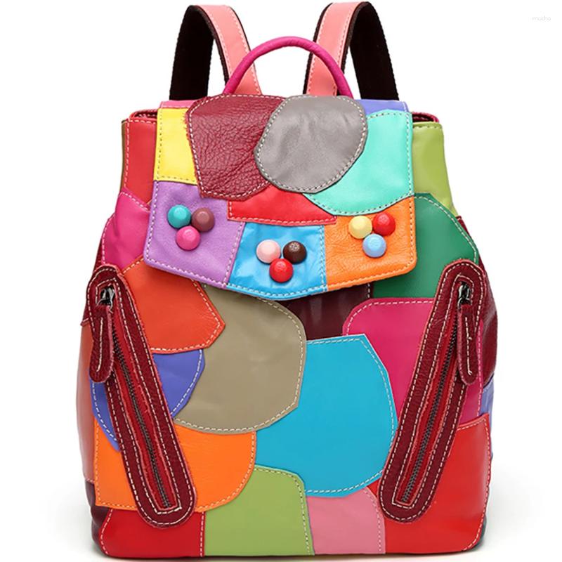 Ryggsäck stil kvinnors varumärke äkta läder ryggsäckar kvinnliga lapptäcke shoppare axelväskor stora kapacitet handväskor för damer avslappnad