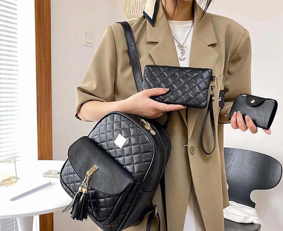 Backpack Style Women's Tassels Leather Fashion Diamond Lattice Travel Shoulder Bags Girls With Purse Card Bag