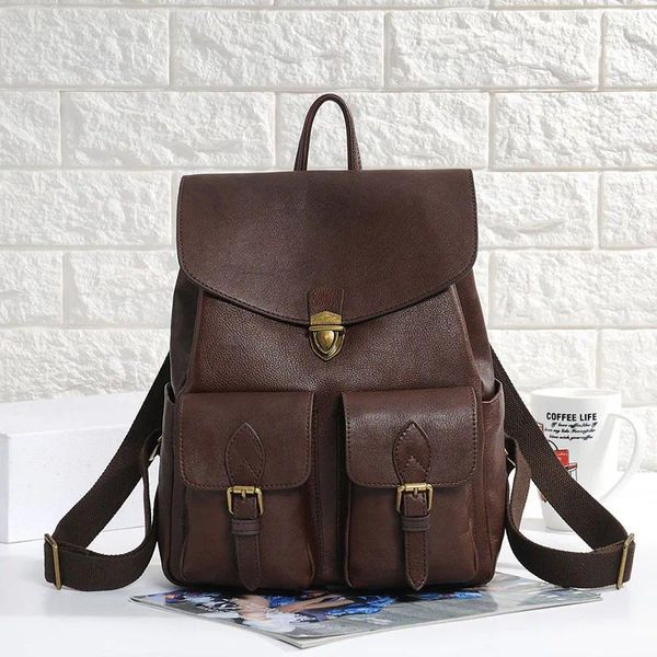 Sac à dos unisexe britannique en cuir de vache noir/marron, cartable de Style collégial en cuir véritable pour femmes, garçons et filles, sacs de voyage