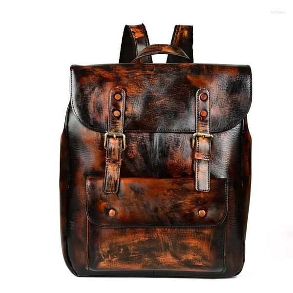 Sac à dos Style Vintage en cuir vieilli unisexe décontracté couche de tête en peau de vache Couple sac à bandoulière rétro hommes