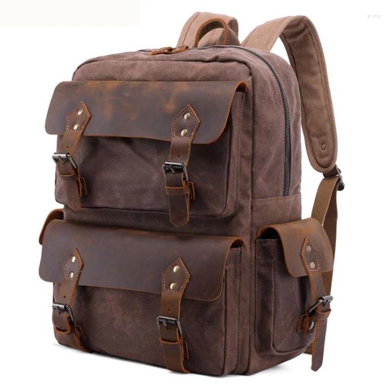 Mochila Vintage encerado lienzo hombres cuero genuino masculino viaje mochila grande adolescente escuela mochila bolsa