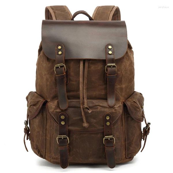 Mochila impermeable multifunción moda hombres vintage lona cuero bolso de escuela neutral portátil viaje resistente al desgaste