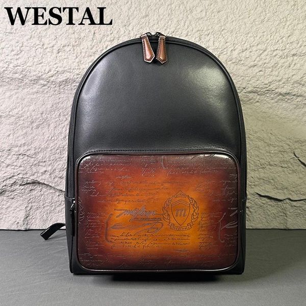 Sac à dos ouest italien Cowhide Men's Men's Backpacks Vinatge Business Travel Rucksack ordinateur portable Sac à école 14 pouces Sacs Boy Dayback Notebook