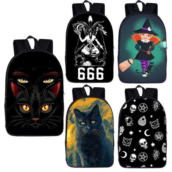 Mochila Witch Black Cat Print 666 Baphomet Mochila Hombres Mujeres Brujería Voodoo Doll Bolsos de hombro Adolescente Niños Mochilas escolares J230517