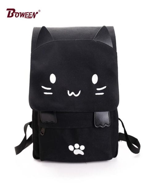 Sac à dos Femmes Canvas Big Black School Sacs For Teenagers Girls Book Sac broderie Impression de dos Cat Mignon Rucksack Bookbag Y15178454