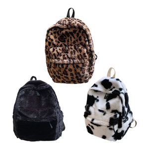 Sac à dos femmes vache imprimé sac à dos multipoches sacs à bandoulière hiver doux en peluche motif léopard sac de voyage moelleux sac de livre d'école 230324