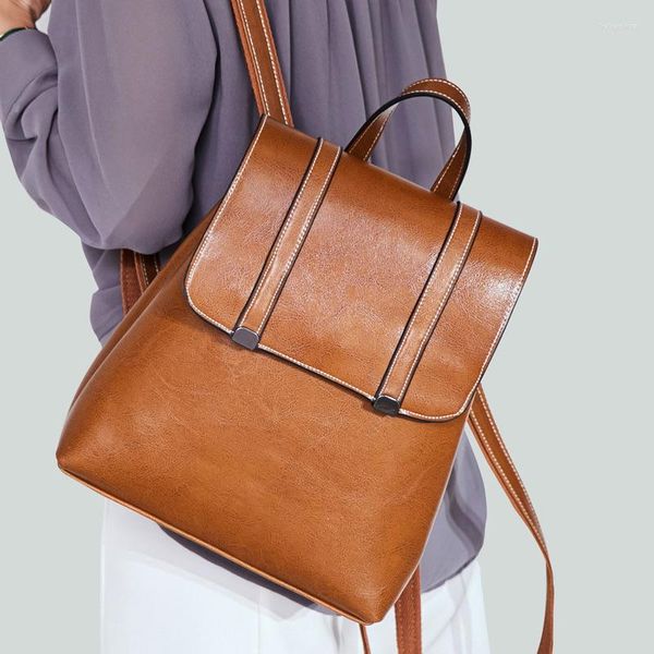 Mochila Mujer Bolso de hombro de cuero genuino Moda simple Cera de aceite Ocio Viajes Bolsas escolares