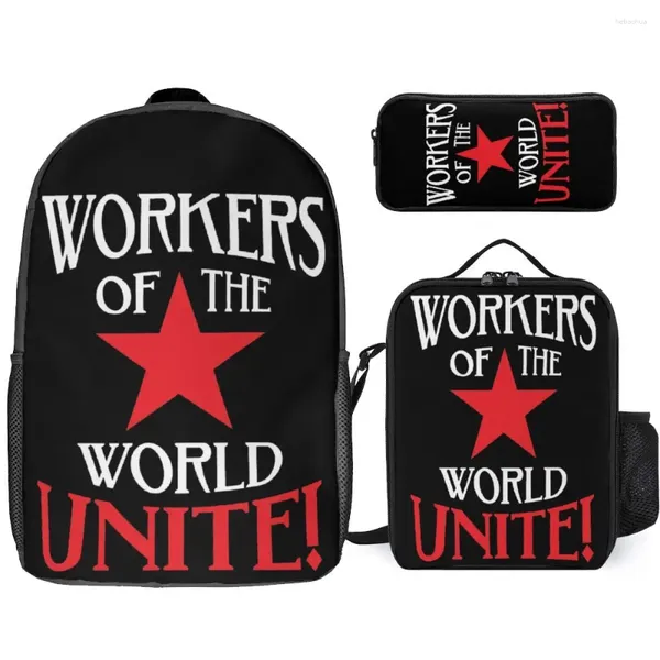 Mochila Trabajadores del mundo Unite Red Star 3 en 1 set 17 pulgadas Bolsa de almuerzo Pen Campo de verano gráfico Cool Secure Blanket Rol