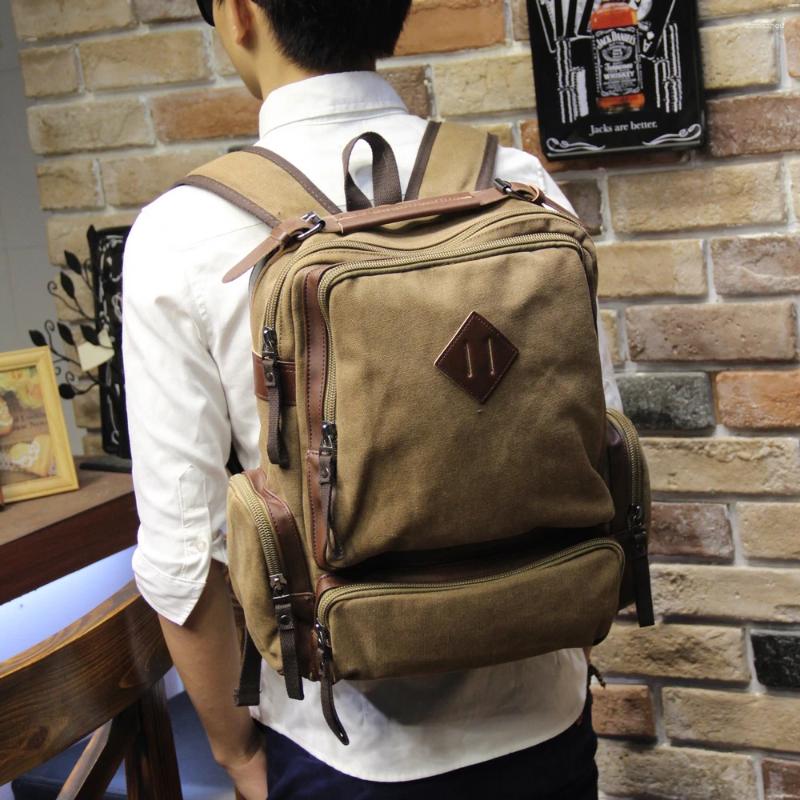 Backpack XIAO.P Men's Vintage Zipper Rucksacks Laptop Travel Shoulder Mochila Notebook Schoolbag Military Canvas