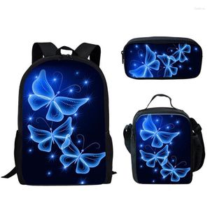 Mochila Patrón de mariposa juvenil Impresión 3D 3 unids/set Bolsas de viaje para estudiantes Mochila para computadora portátil Bolsa de almuerzo Estuche para lápices